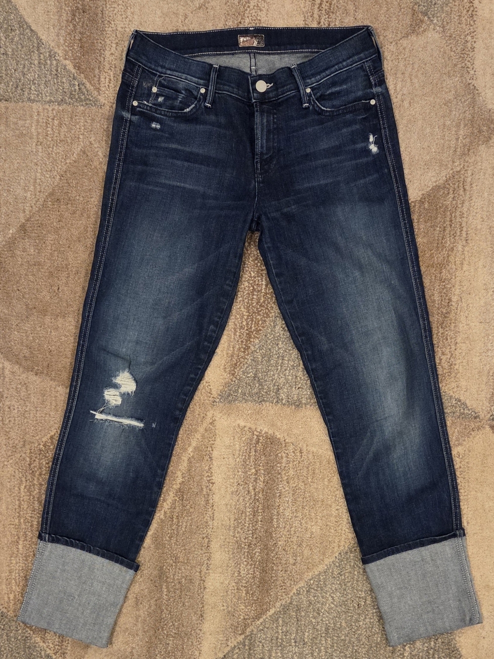 MOTHER Dark Blue Distressed Cuffed Ankle Jeans